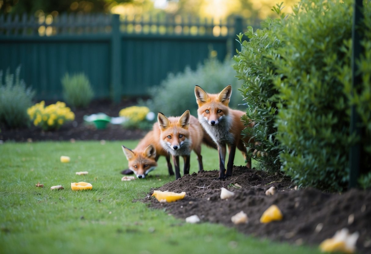 A garden with a fence and scattered food scraps. Foxes peeking out from behind bushes and digging in the soil
