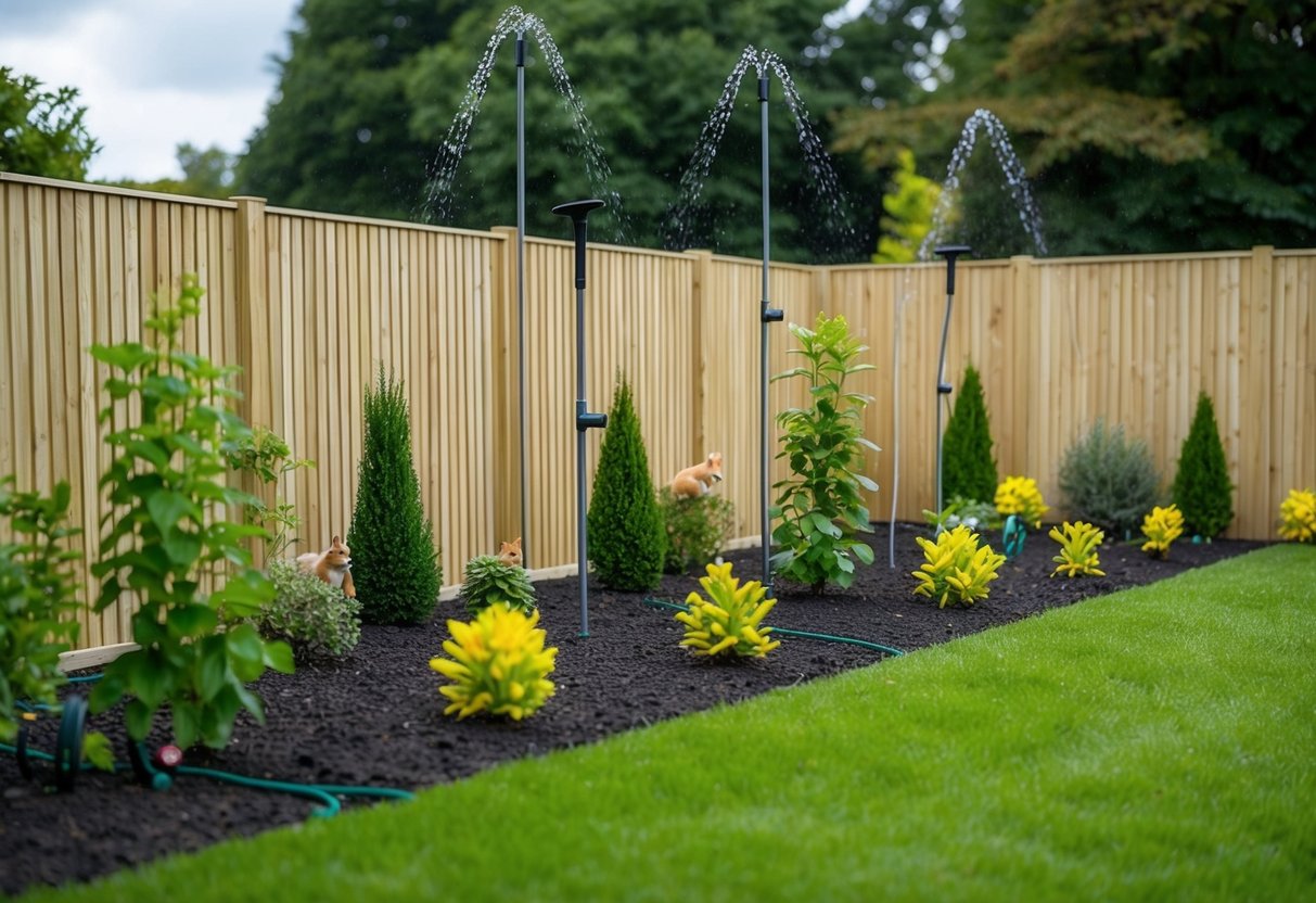 A garden with tall fences, motion-activated sprinklers, and strategically placed repellent plants to deter foxes