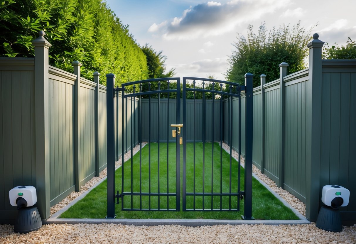 A garden surrounded by a tall, sturdy fence with a locked gate. The perimeter is lined with motion-activated lights and noise-making devices