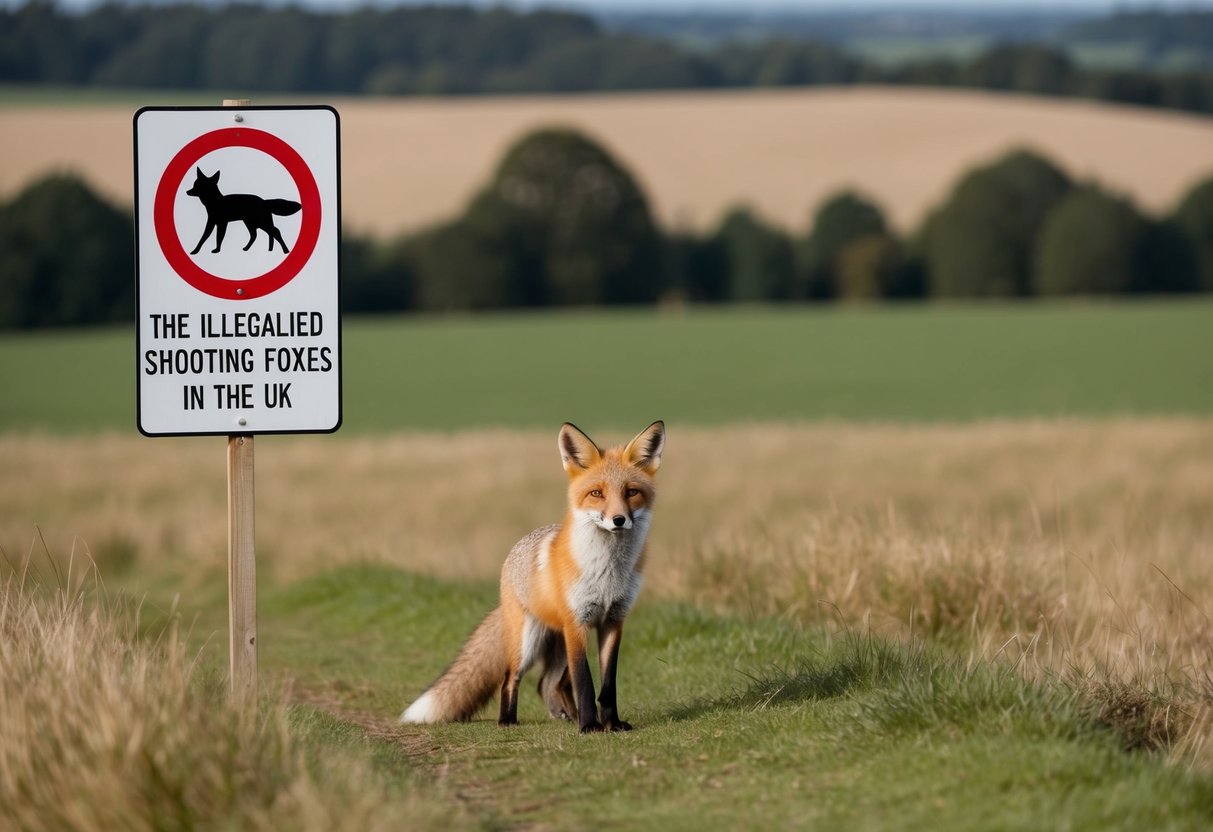 A rural landscape with a fox in the foreground and a sign indicating the illegality of shooting foxes in the UK