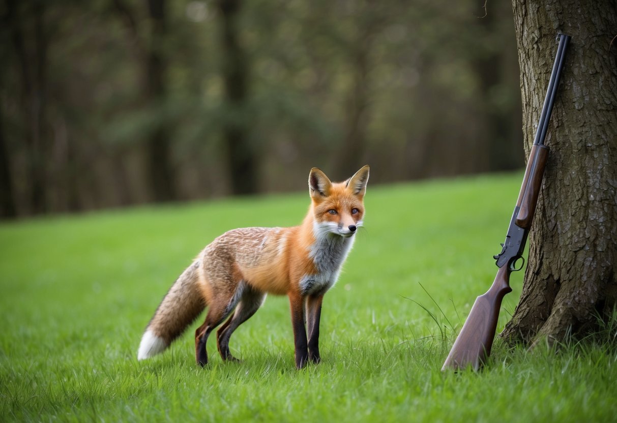A fox stands in a lush green field, surrounded by dense woodland. A shotgun sits propped against a nearby tree