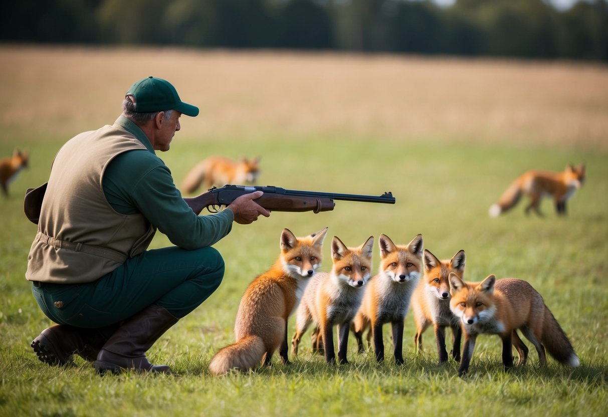 A farmer holding a rifle while looking at a group of foxes in a field