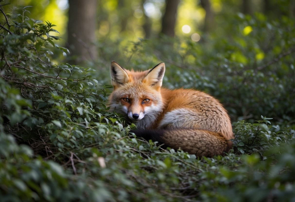 A red fox curls up in a dense thicket of brambles, hidden from view in the dappled sunlight of a UK forest