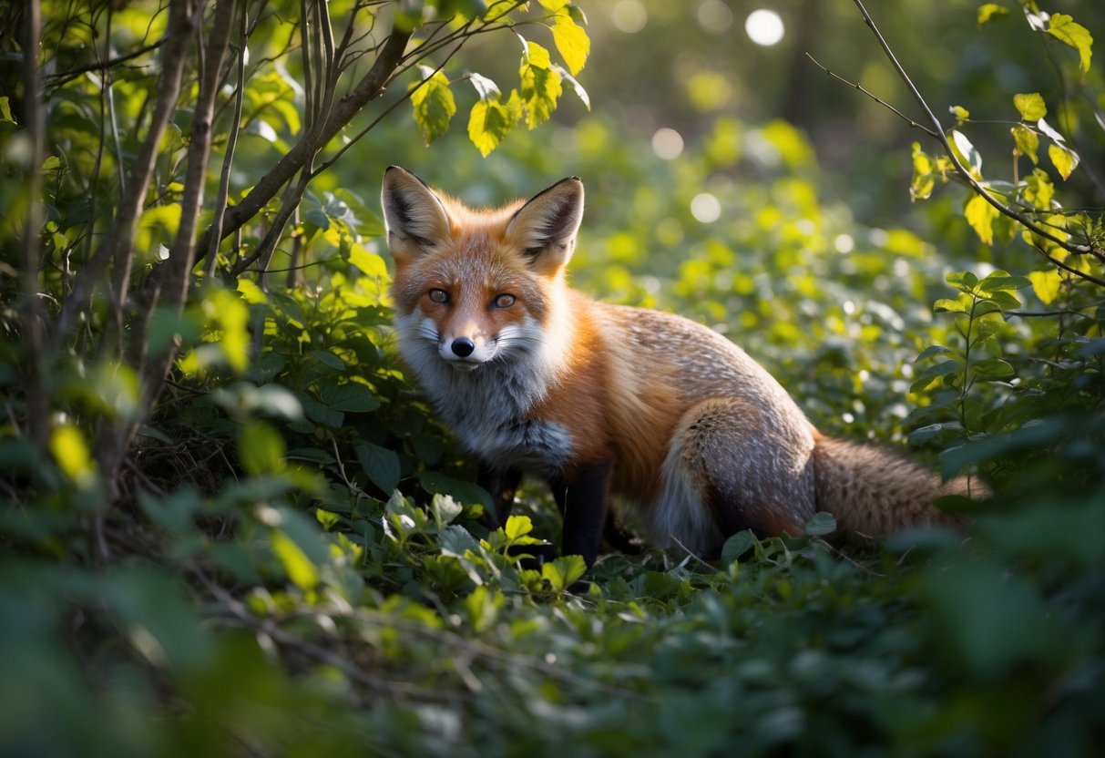 A fox nestled in dense underbrush, dappled sunlight filtering through the leaves, creating a cozy hideaway during the day in the UK
