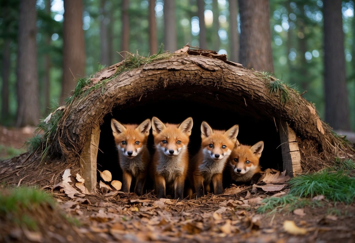 A fox family occupies a cozy den nestled in the forest, with the mother and her playful pups peeking out from the entrance