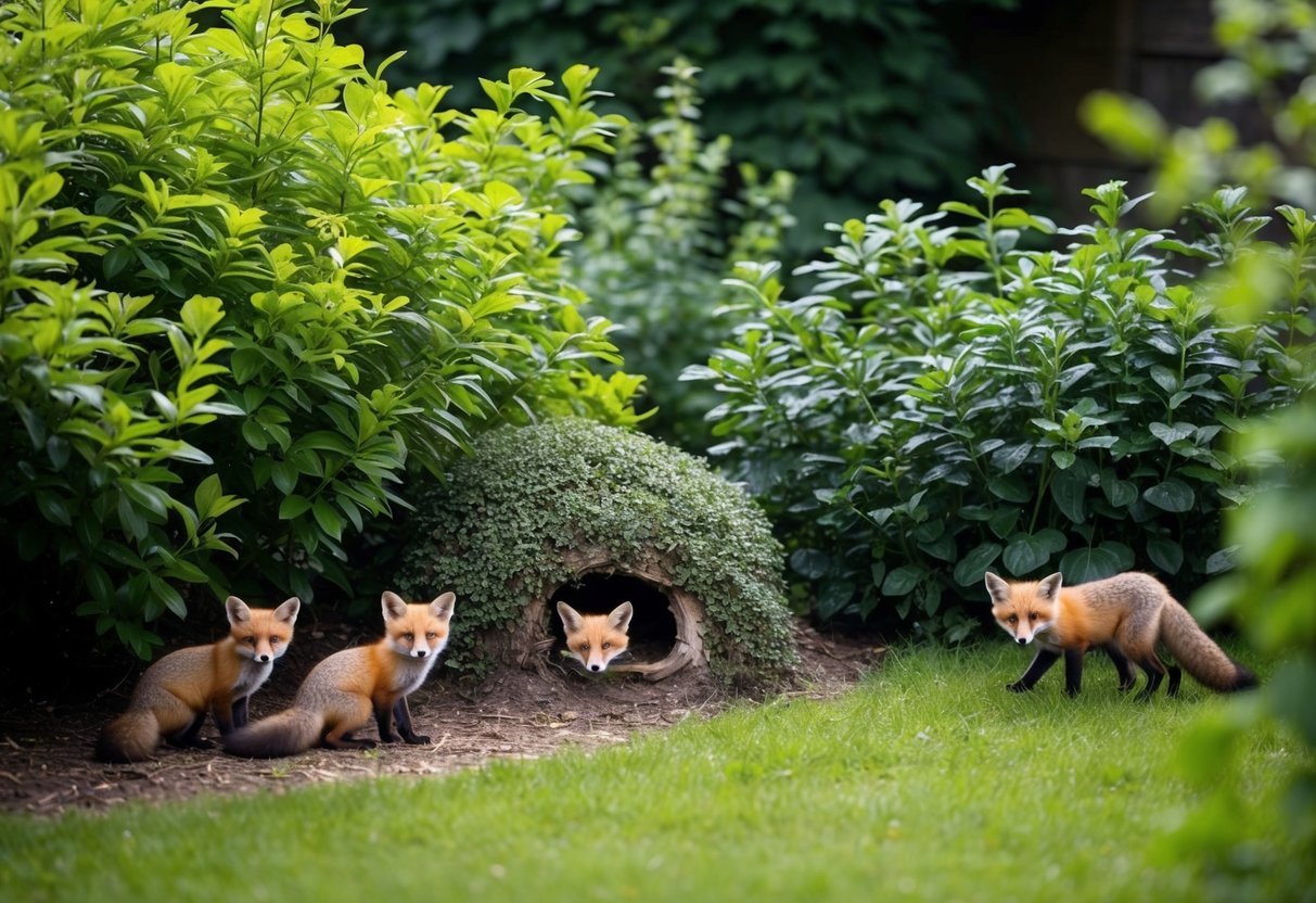 A garden with lush greenery and a small fox den nestled among the bushes. Fox cubs eagerly waiting for food near the den