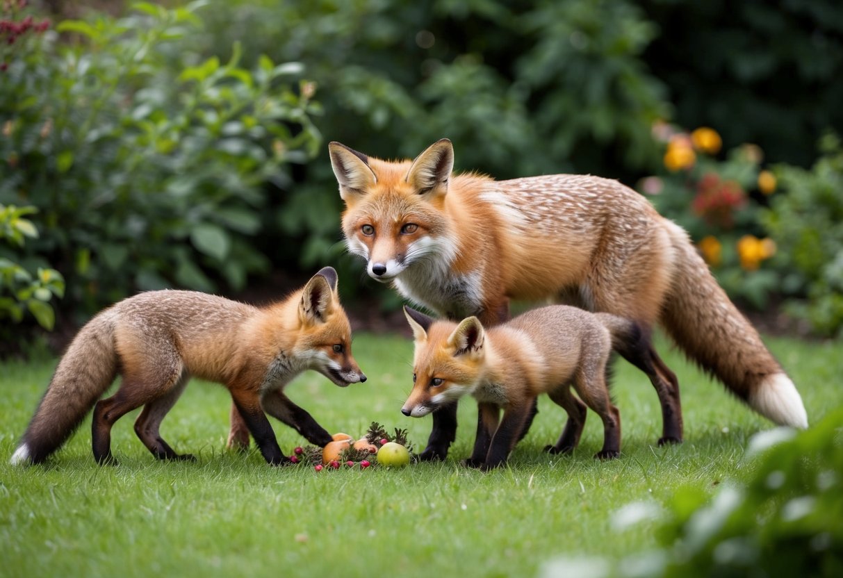 A fox family foraging in a lush garden, with the mother fox teaching her cubs to hunt for insects, small mammals, and fruits
