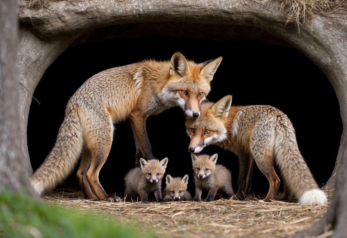 A fox family in a den, with the mother caring for her young kits while they grow