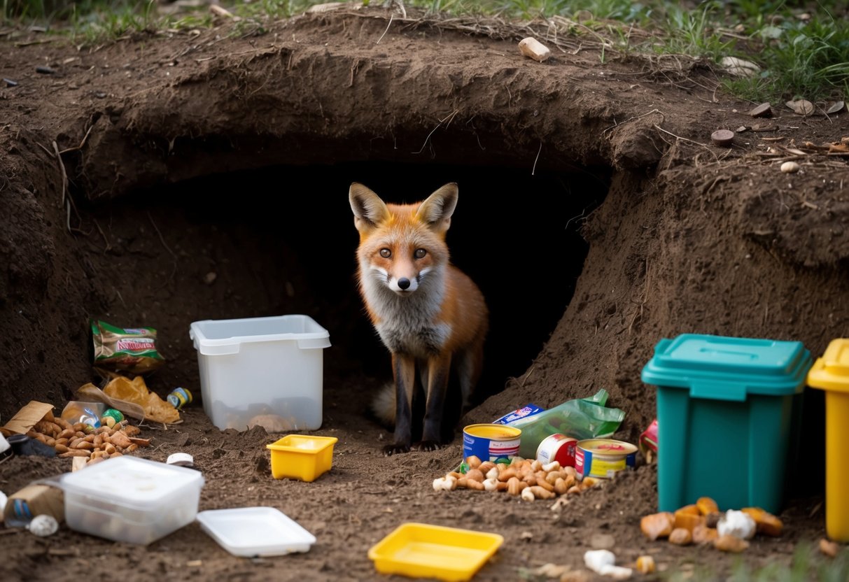 A fox den dug into the earth, surrounded by scattered food items and storage containers. A fox peers out from the entrance, considering its next move