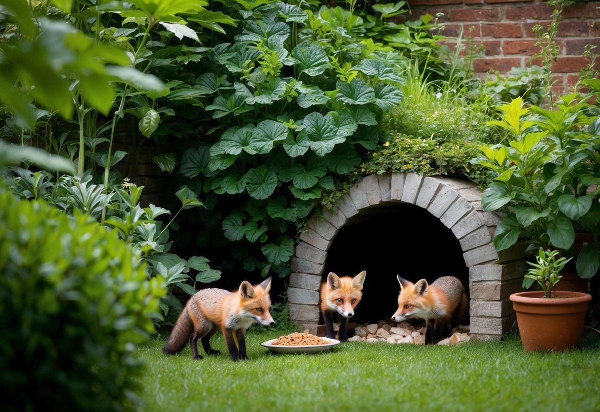 A garden with lush greenery, a cozy fox den nestled in the corner, and a small dish of food left out for the curious fox cubs to discover