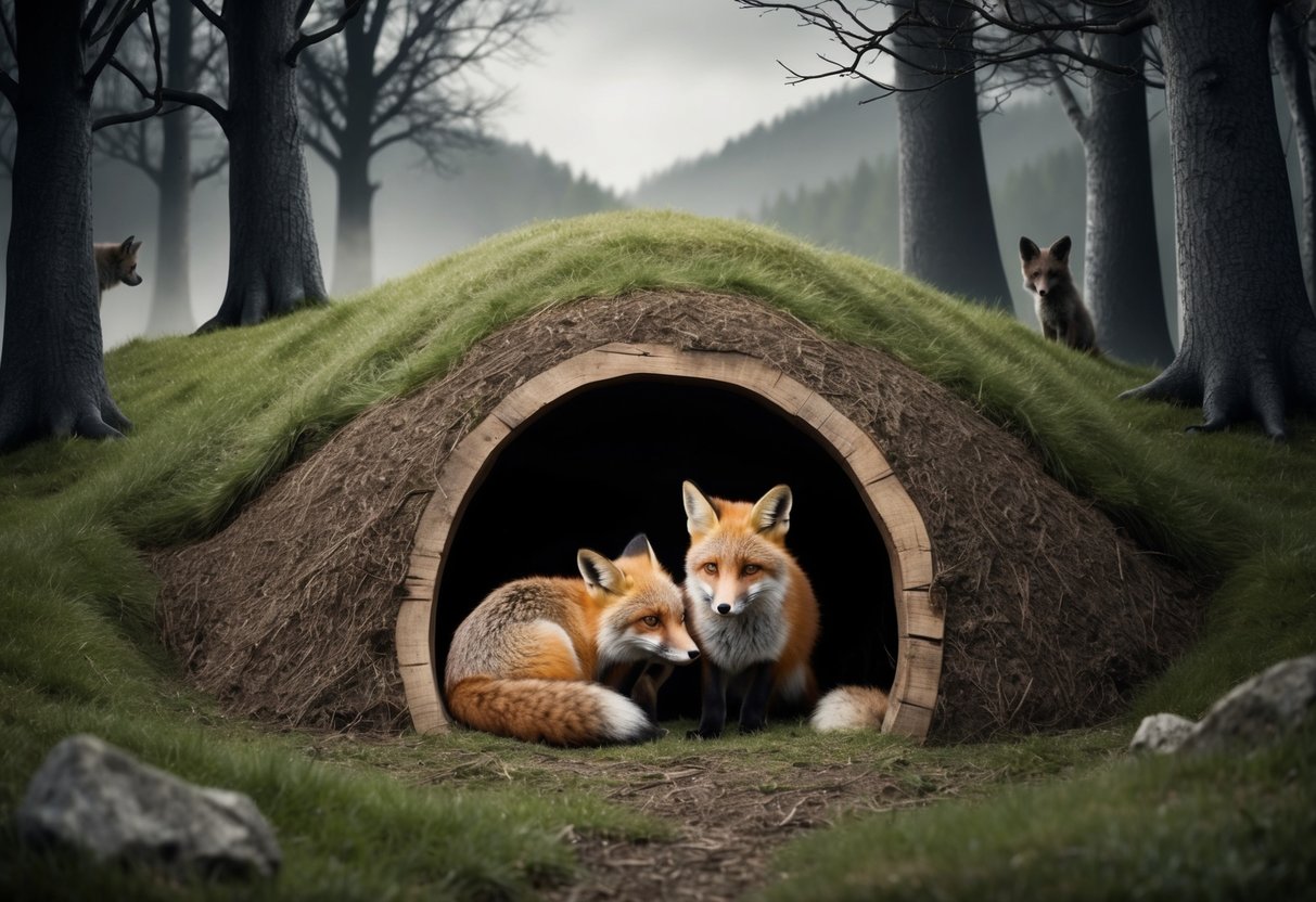 A fox den nestled in a grassy hillside, surrounded by looming trees and hidden threats. A protective mother fox watches over her young inside the cozy den