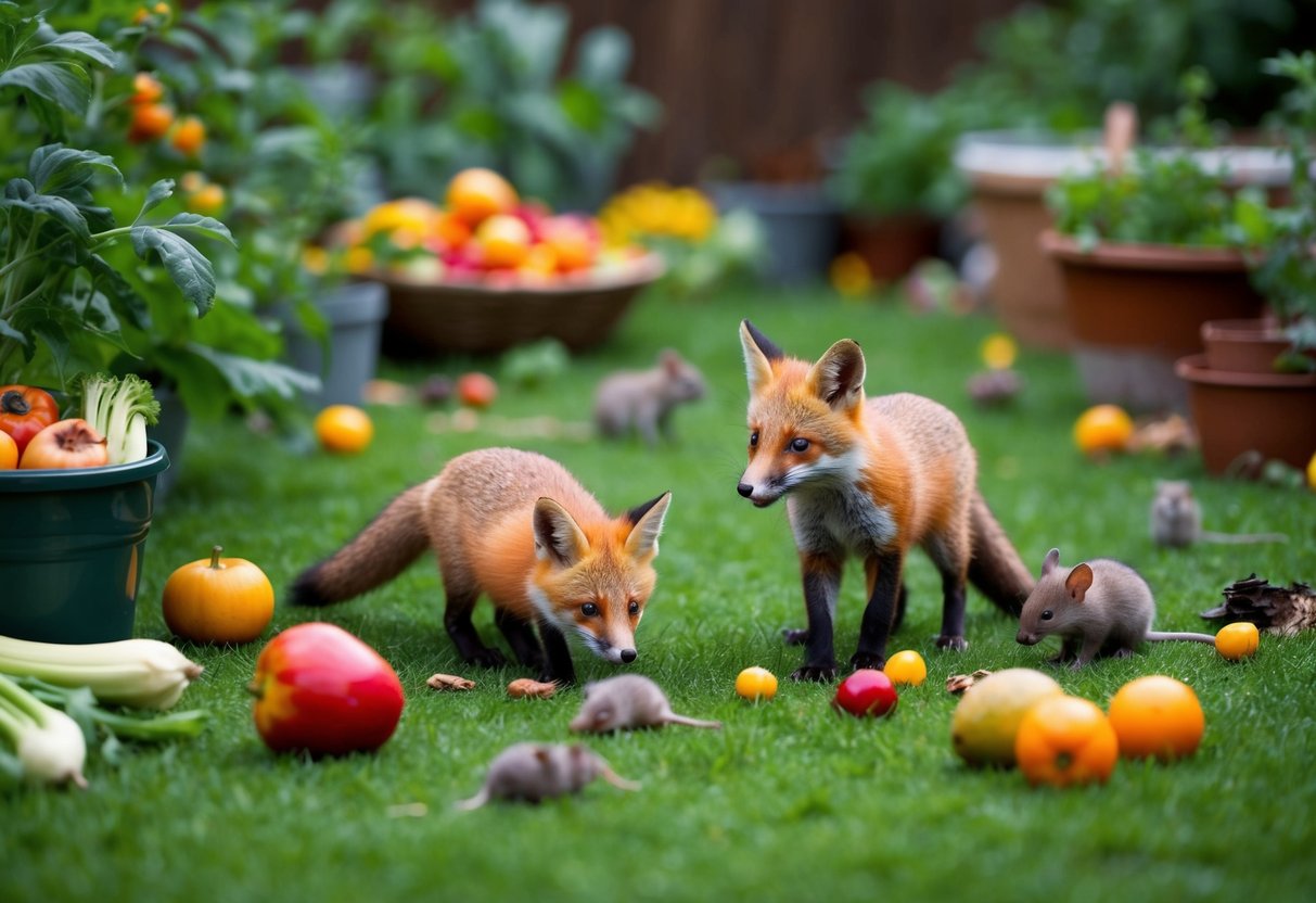 A garden scene with a variety of fruits, vegetables, and small animals, such as mice and insects, scattered around for fox cubs to eat
