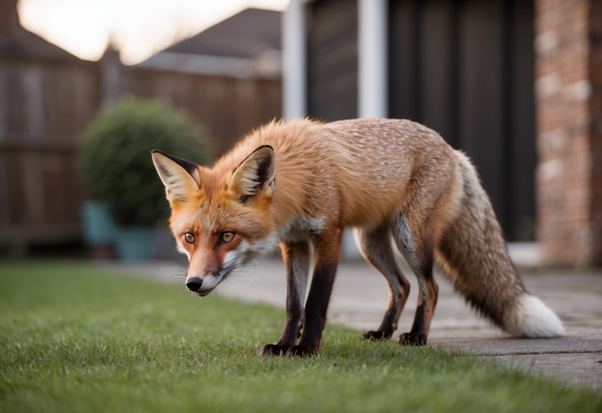 A fox returns to a backyard, sniffing the ground and looking around cautiously