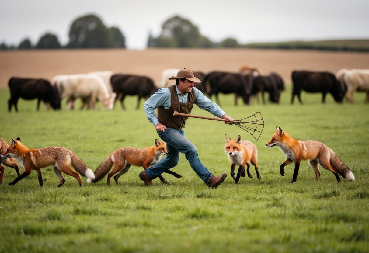 A farmer chasing away a group of foxes from their property and livestock