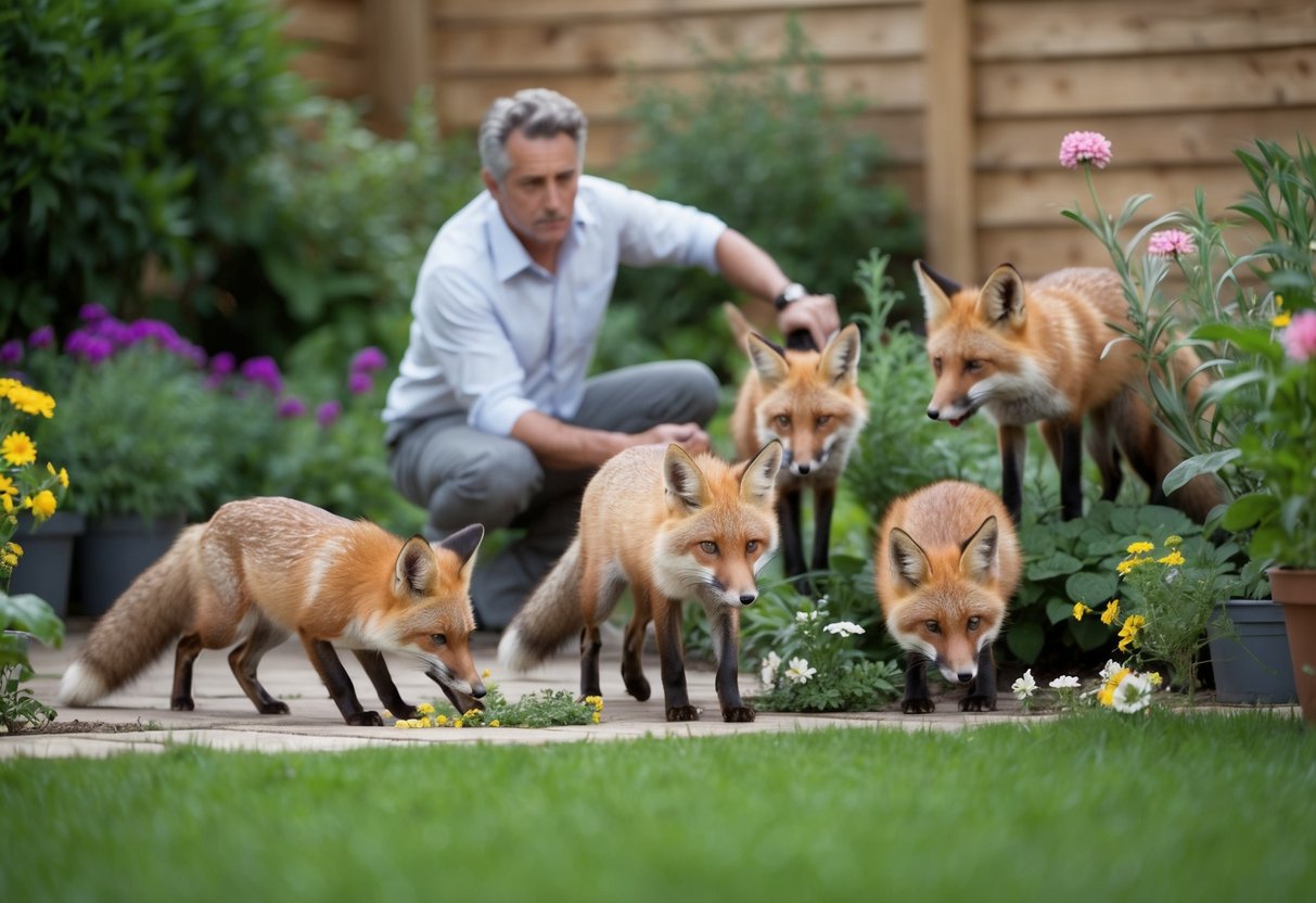 A frustrated homeowner watches as a group of persistent foxes repeatedly return to their garden, causing havoc among the flowers and plants