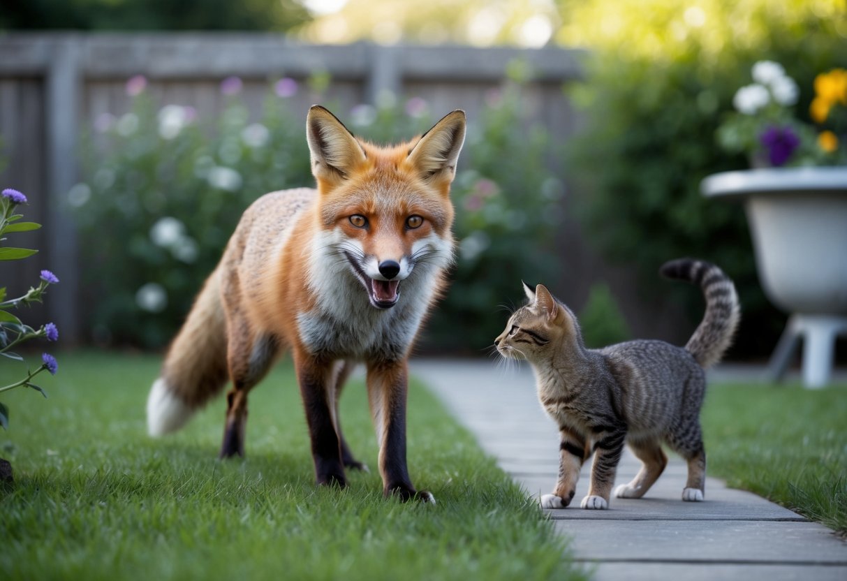 A fox with a sly grin stalks a curious cat in a backyard garden