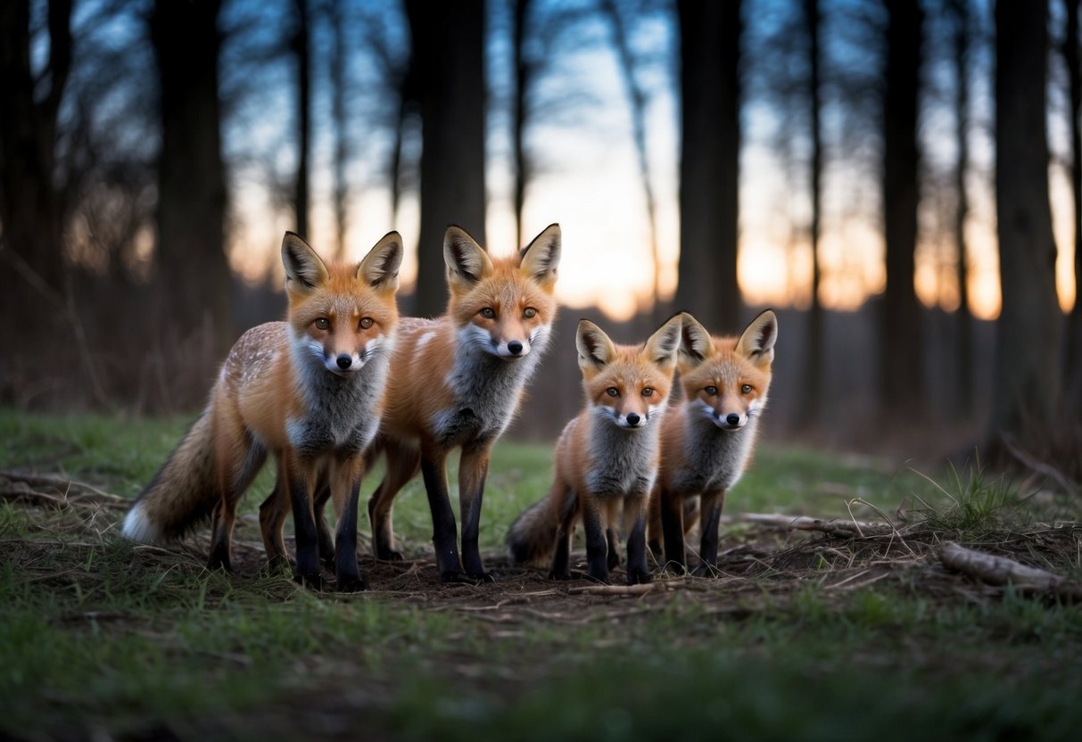 A fox family emerges from their den at dusk, ready for a night of hunting and exploration in their woodland habitat