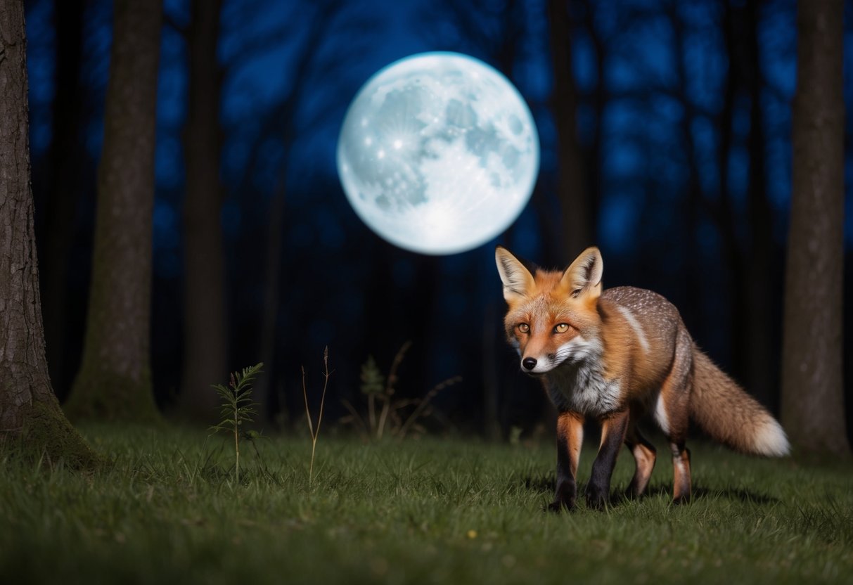 A fox prowls through a moonlit forest, its eyes gleaming as it hunts for prey in the darkness