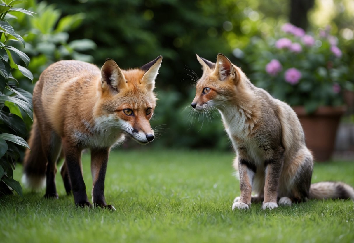 A fox cautiously approaches a wary cat in a lush garden, both eyeing each other with curiosity