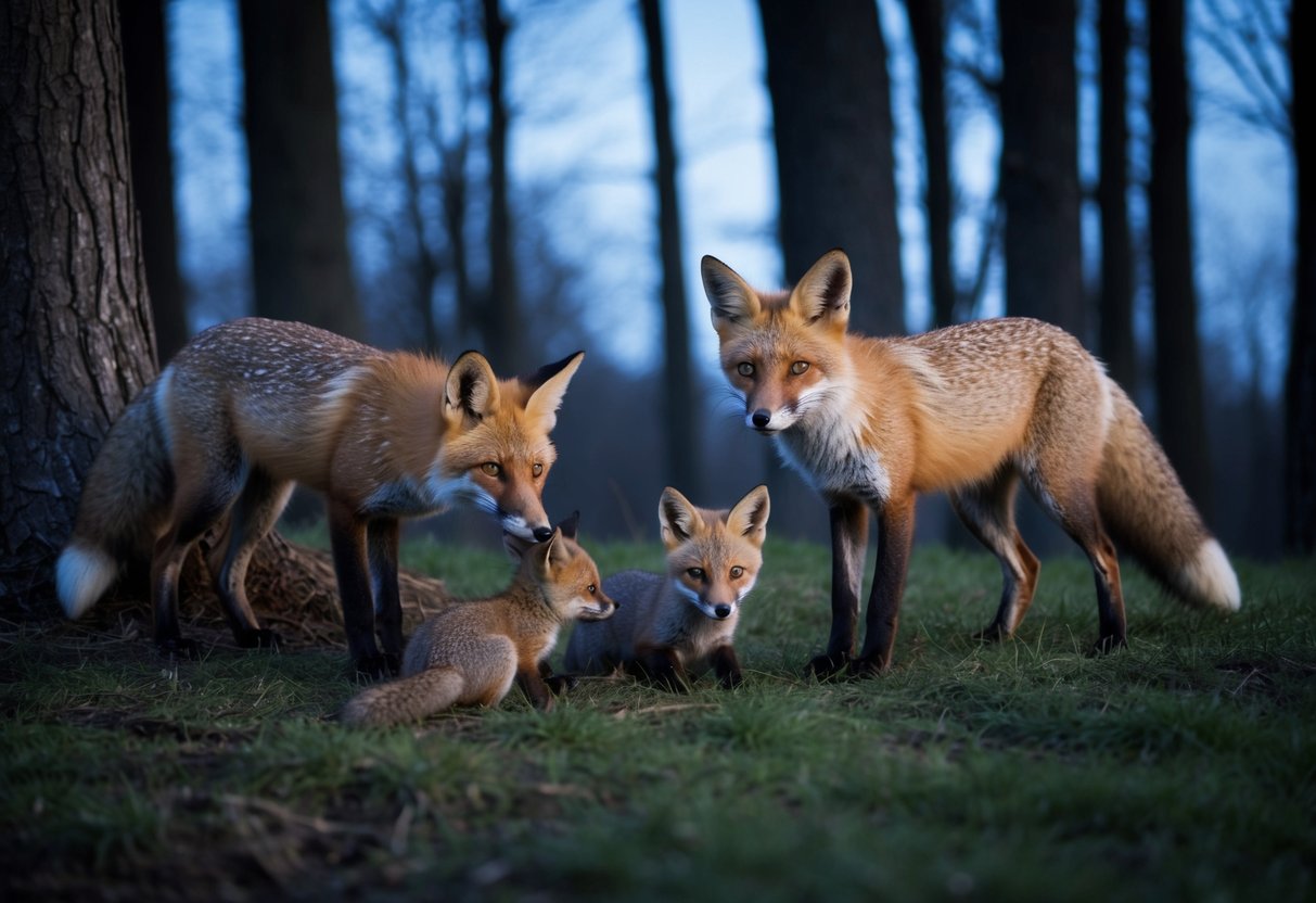 Foxes roam the forest at dusk, their sleek bodies blending into the shadows as they hunt for food and tend to their young in their underground dens