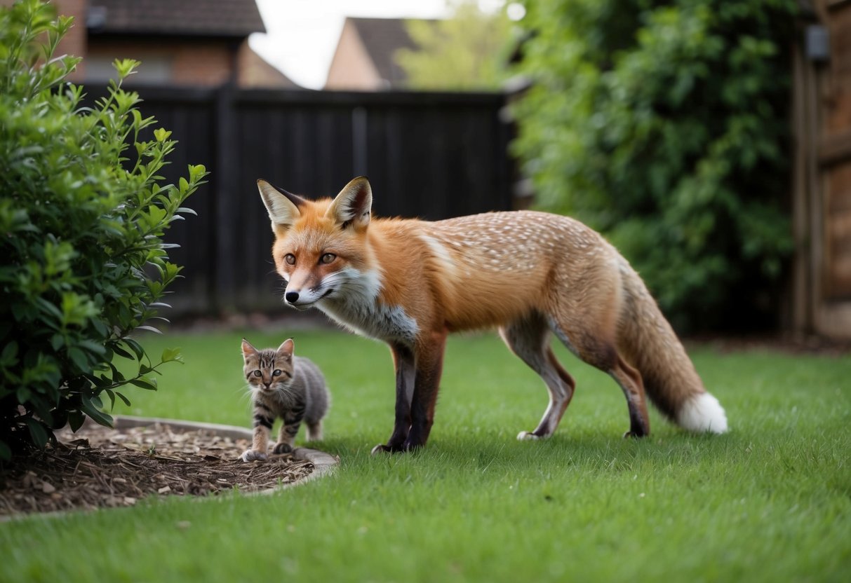 A fox prowls through a suburban garden, eyeing a small cat cautiously from behind a bush