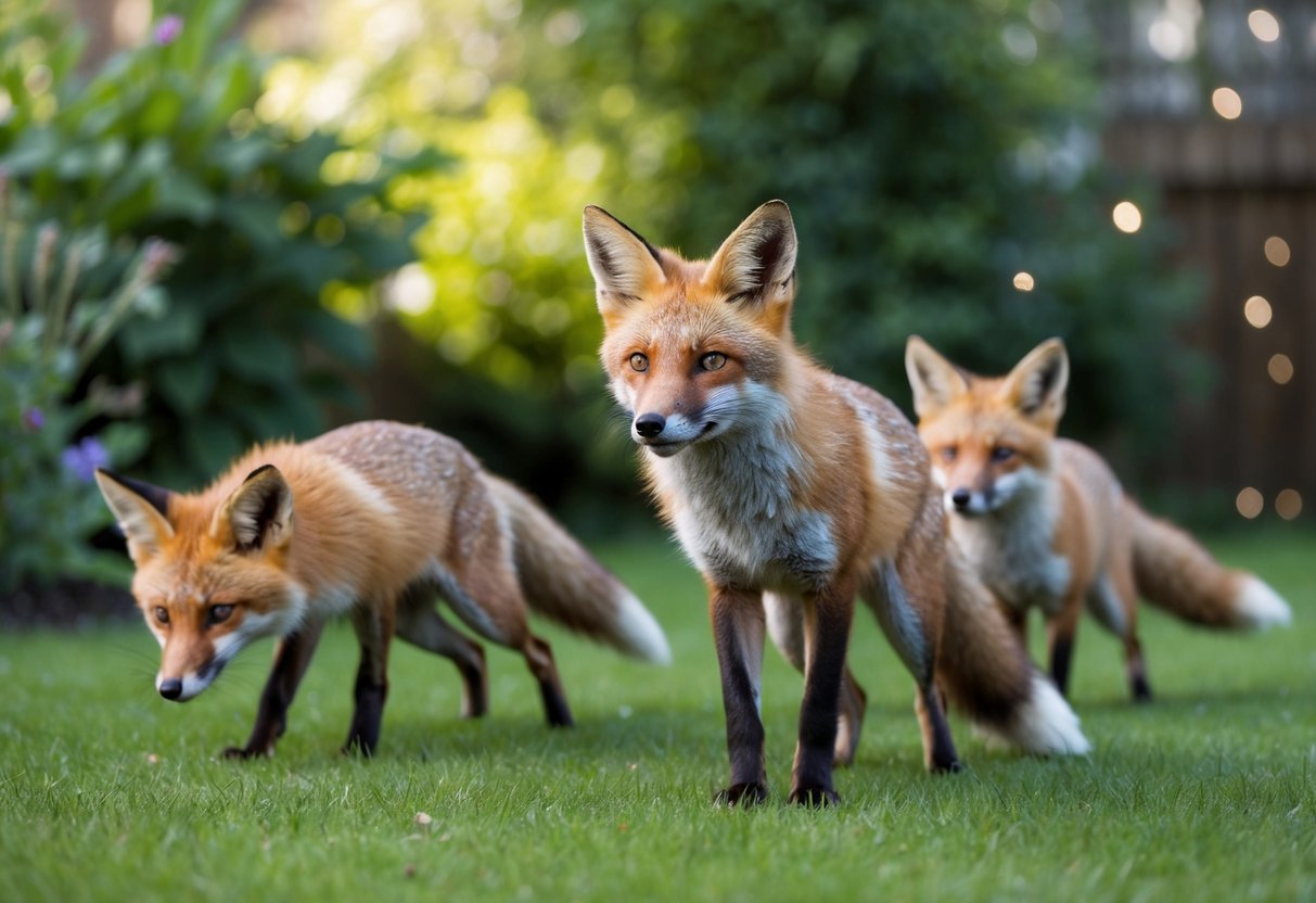 Foxes scatter from a garden, as a loud, clanging noise startles them