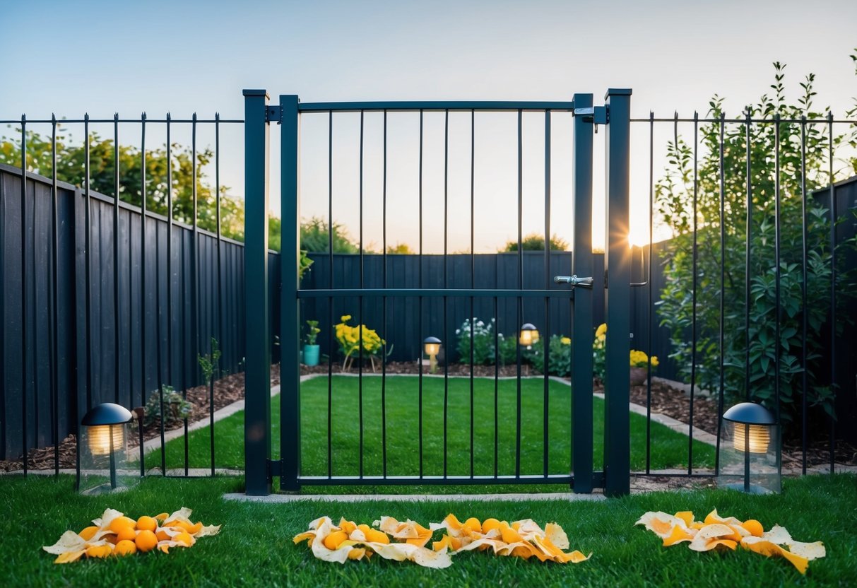 A garden surrounded by a tall fence with a secure gate. Motion-activated lights and a scattering of fox deterrents such as citrus peels and ammonia-soaked rags