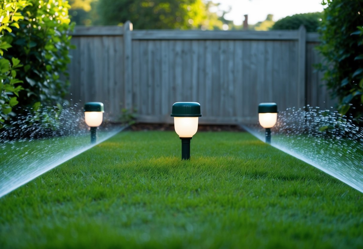 A garden with tall fences, motion-activated sprinklers, and bright lights to deter foxes from entering