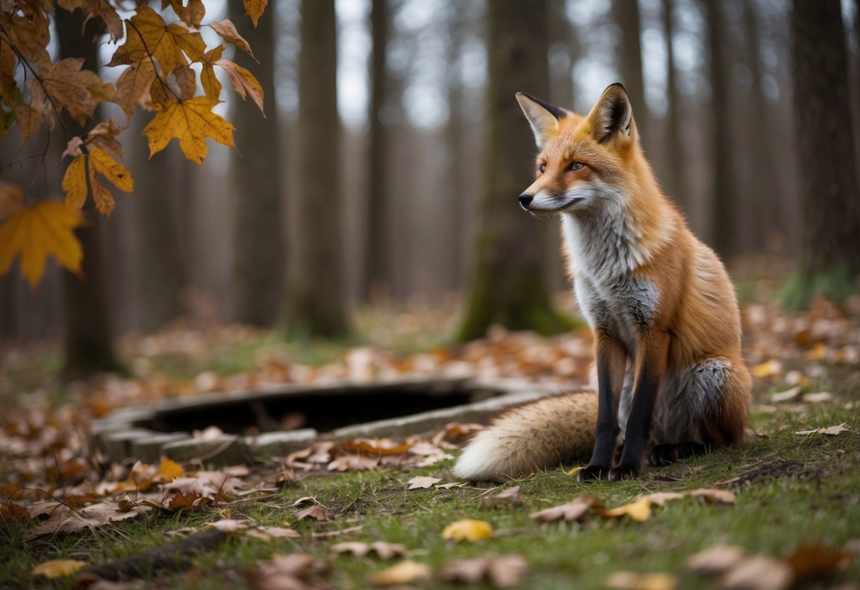 A male fox sits alone in the forest, gazing sadly at the empty den where his mate once lived. The autumn leaves rustle in the breeze as he mourns her absence