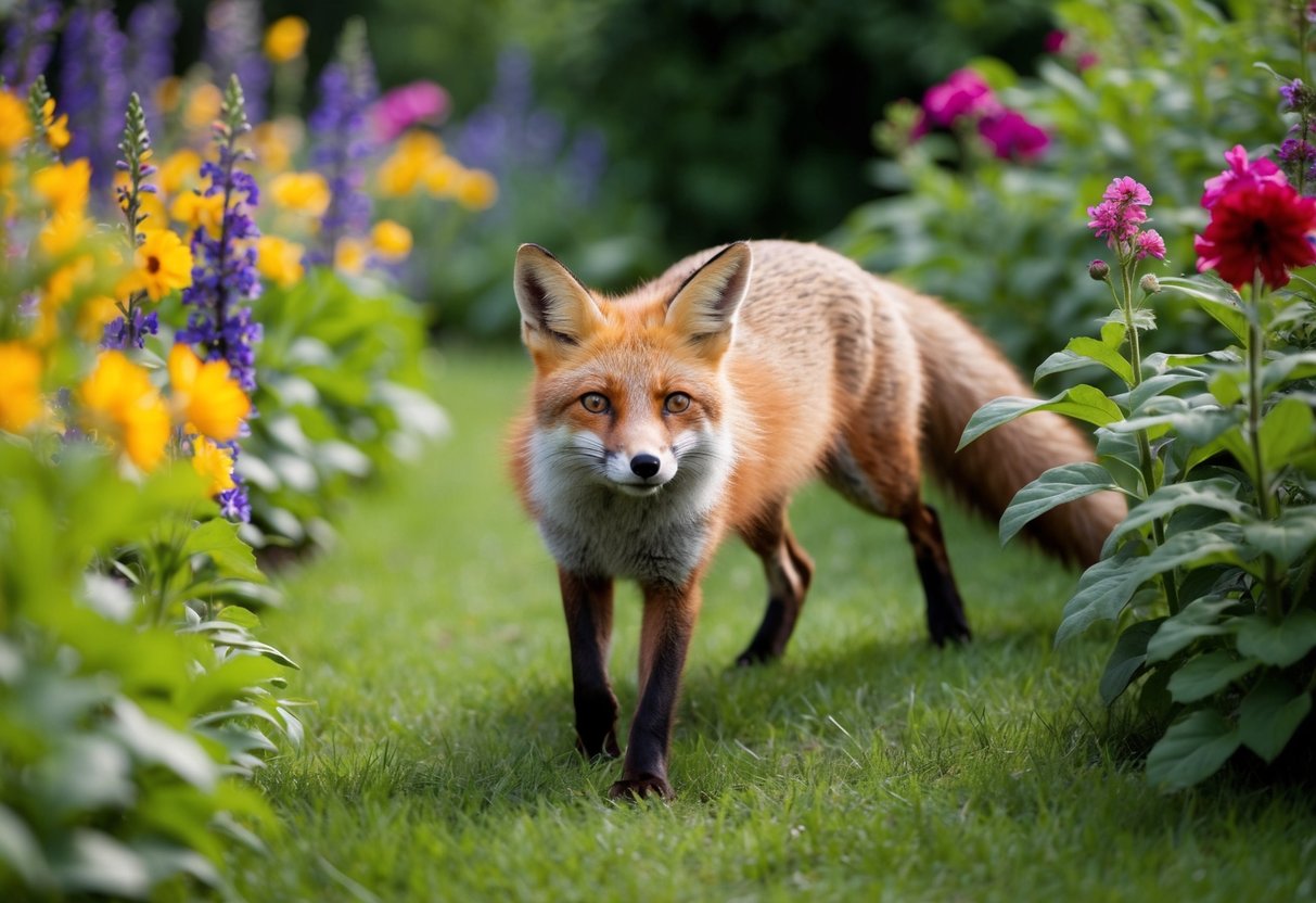 A fox exploring a garden, surrounded by colorful flowers and lush greenery, with a curious and alert expression on its face