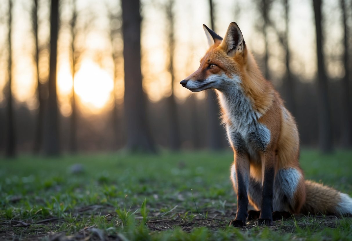 A male fox stands alone in a forest clearing, gazing wistfully at the setting sun as he mourns the loss of his mate