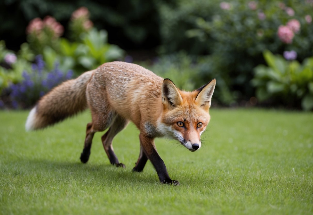 A fox cautiously prowls through a lush garden, its ears perked and eyes alert as it sniffs the air for potential prey