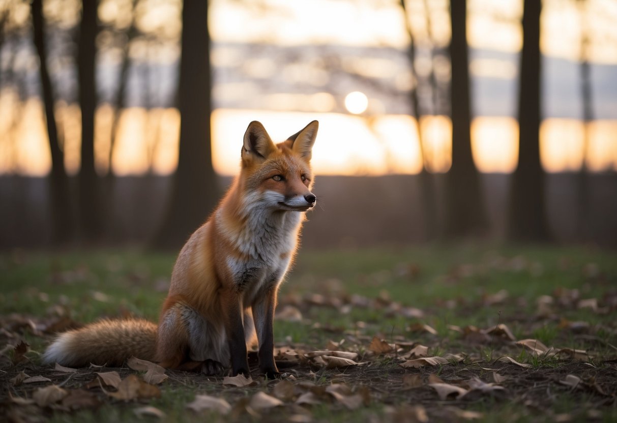 A lone male fox sits in a clearing, surrounded by fallen leaves. The setting sun casts a warm glow as he gazes wistfully at the horizon