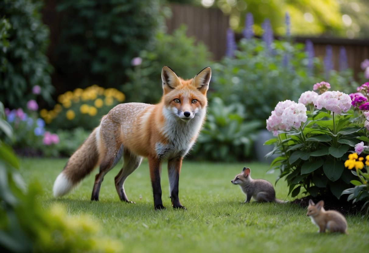 A fox stands guard in a lush garden, alert and watchful, surrounded by blooming flowers and a variety of small animals