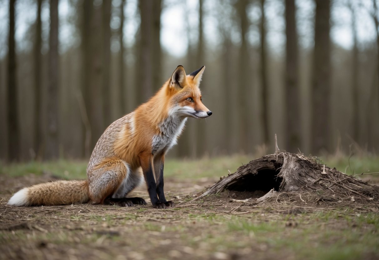 A male fox sits alone in a forest clearing, gazing mournfully at the den where his deceased mate once cared for their offspring
