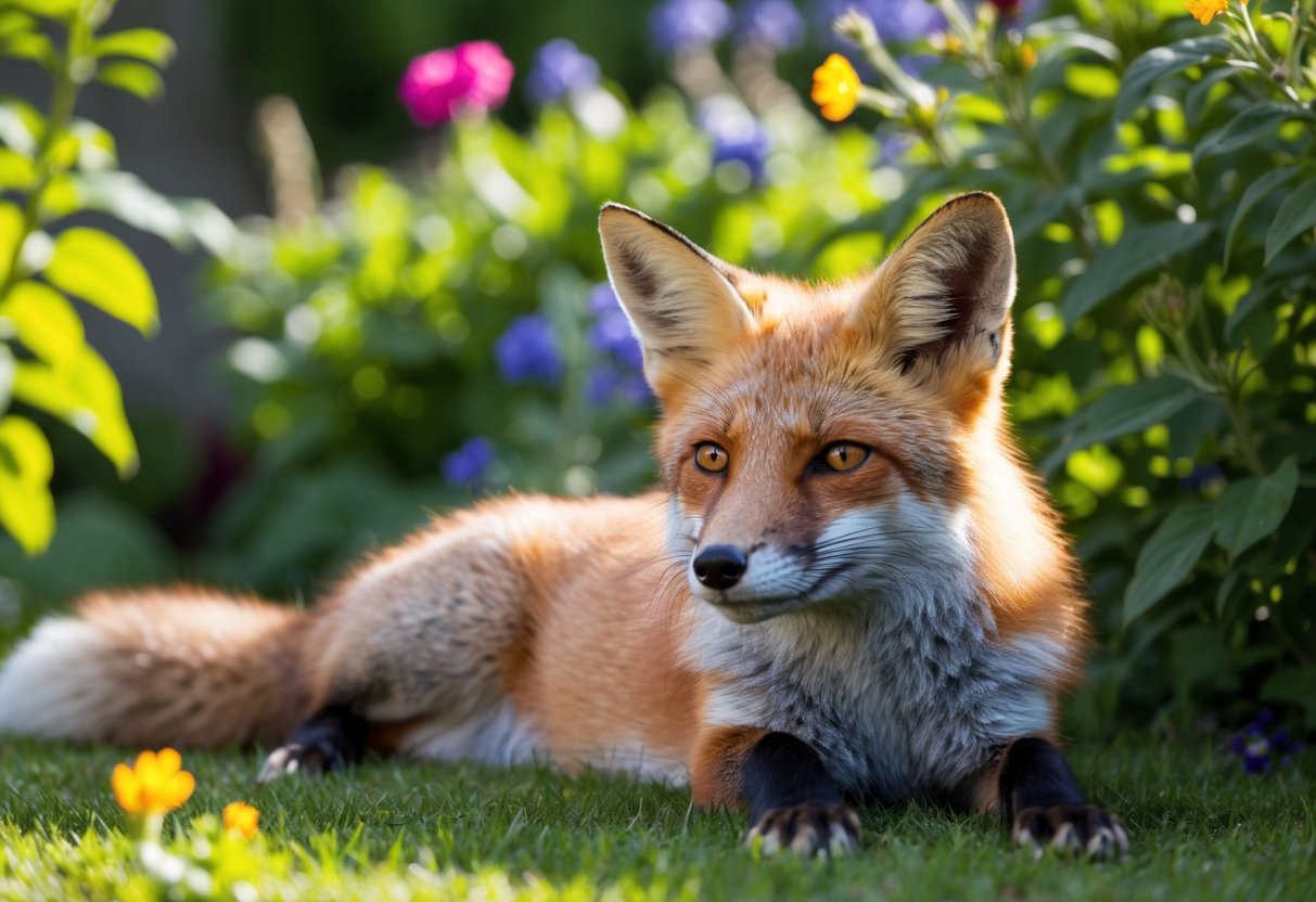 A fox lounges in a sun-dappled garden, surrounded by lush greenery and colorful flowers. Its alert ears and bright eyes suggest curiosity and contentment