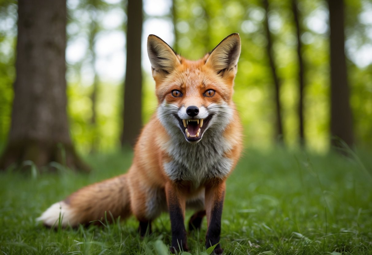 A red fox bares its teeth in a defensive stance, ready to bite in a lush, green woodland setting in the UK