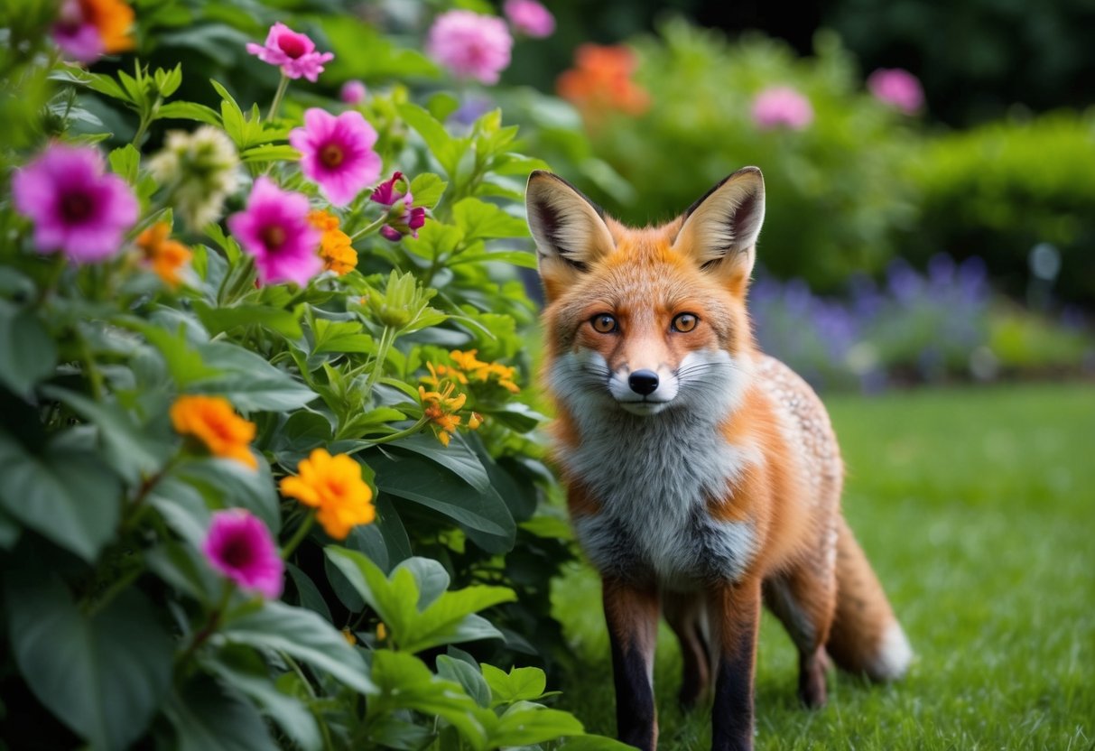 A lush garden with vibrant flowers and a curious fox peering through the foliage