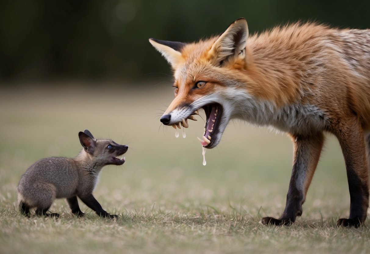 A fox with bared teeth lunging towards a small animal, saliva dripping from its mouth