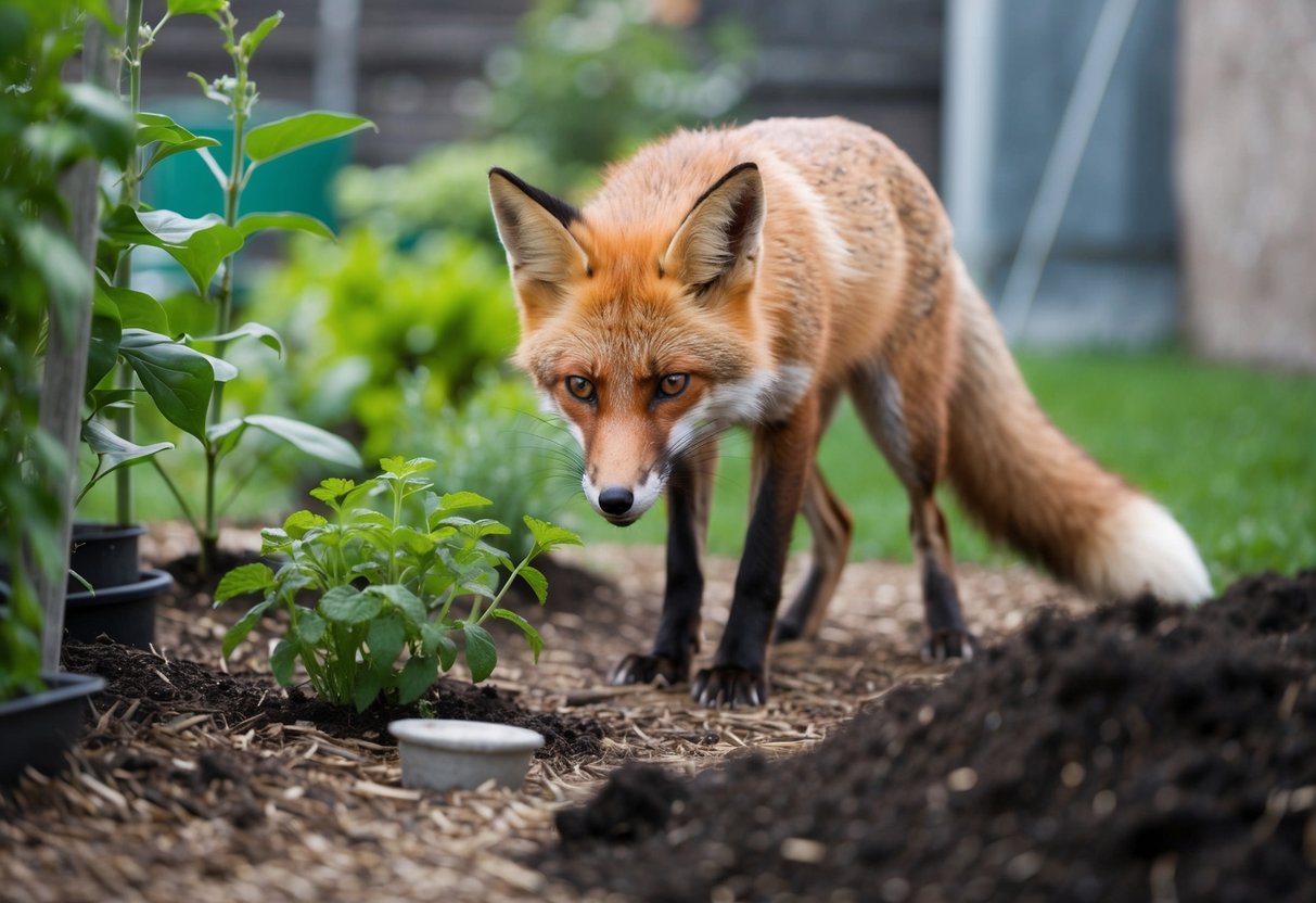 A fox cautiously explores a garden, sniffing at plants and inspecting a compost pile. The urban backdrop contrasts with the natural behavior of the fox