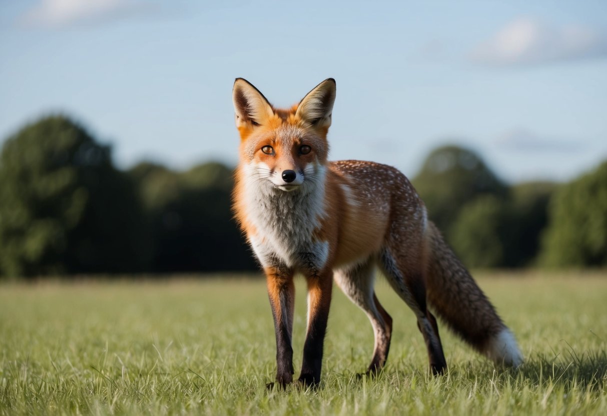 A fox with a curious expression, standing in a grassy field with a backdrop of trees and a clear sky