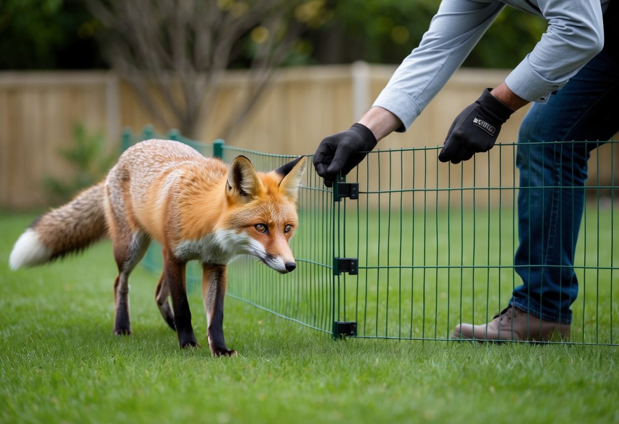 A fox cautiously approaches a fenced garden, while a person installs a secure barrier to prevent unwanted encounters