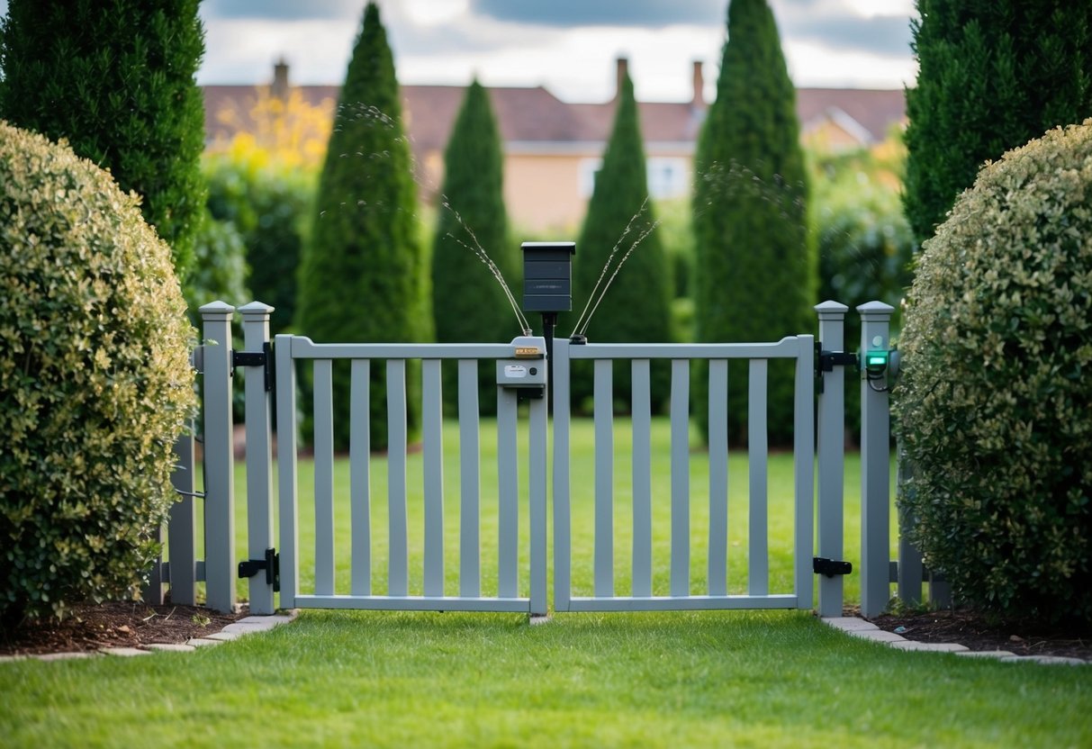 A garden with a sturdy fence and locked gate, surrounded by tall bushes and a motion-activated sprinkler system