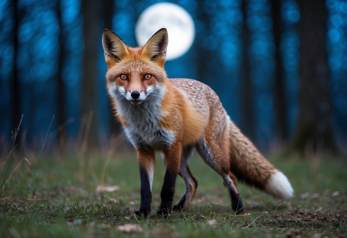 A fox prowls through a moonlit forest, its eyes gleaming with a hint of mischief
