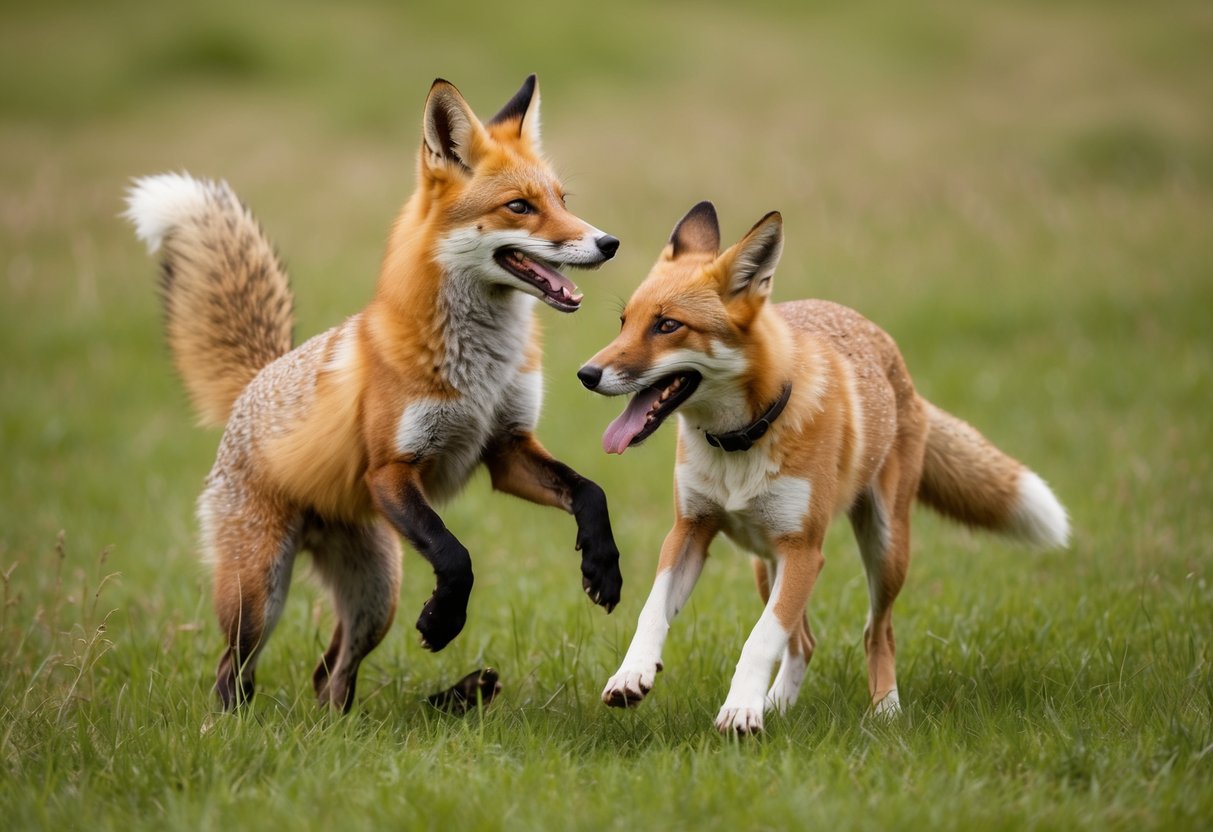 A fox and a dog romp in a grassy meadow, tails wagging and tongues lolling in playful interaction