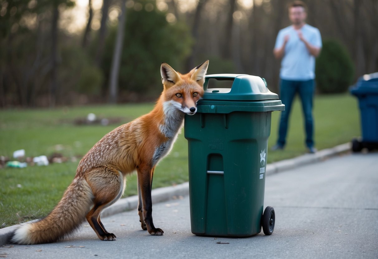 A fox scavenges through a trash can as a human watches from a distance, unsure of how to handle the situation