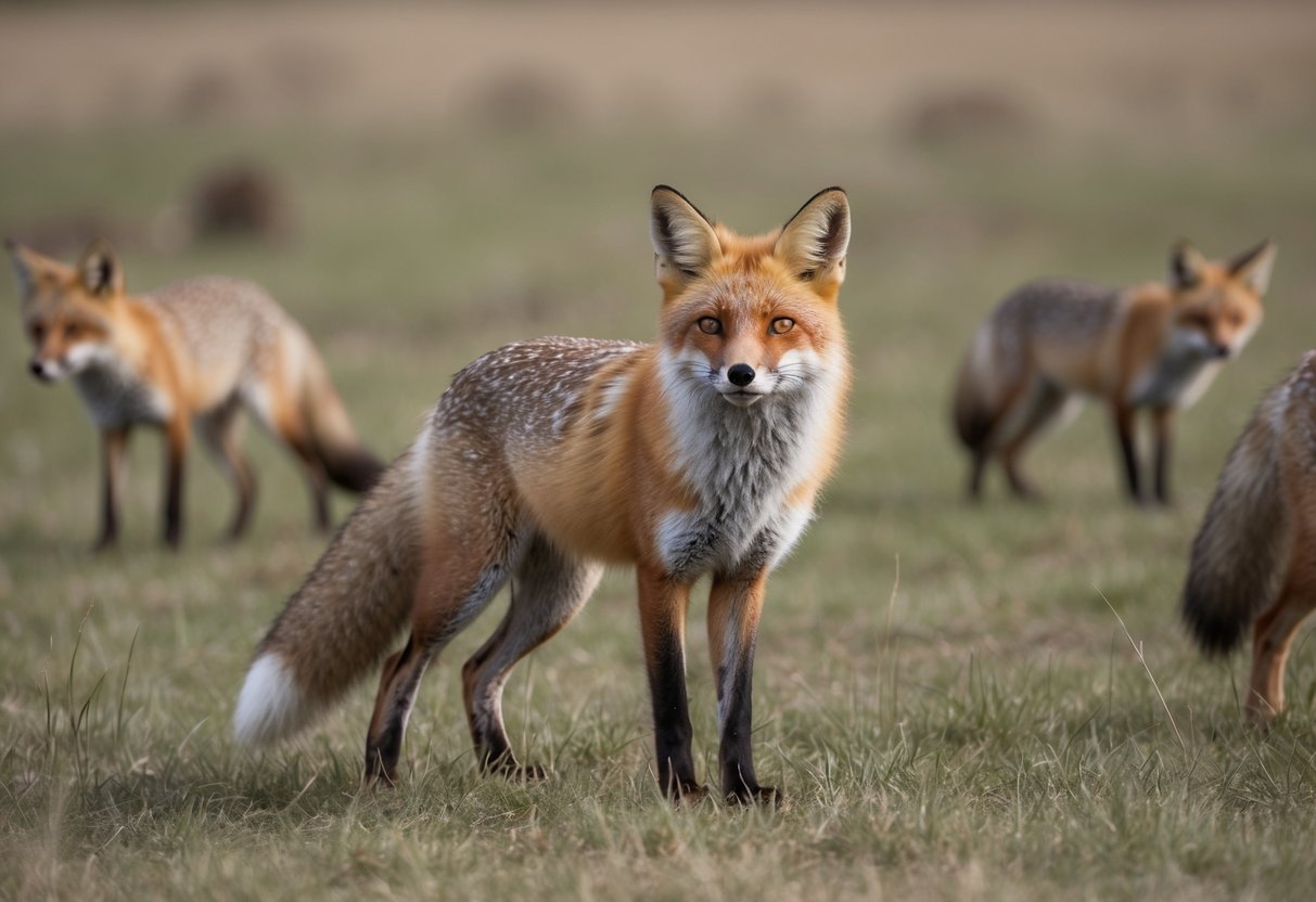 A fox stands in a field, surrounded by other wildlife