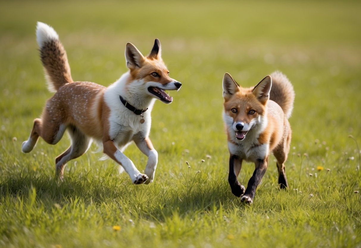 A fox and a dog playfully chase each other in a grassy meadow, their tails wagging and ears perked up in excitement