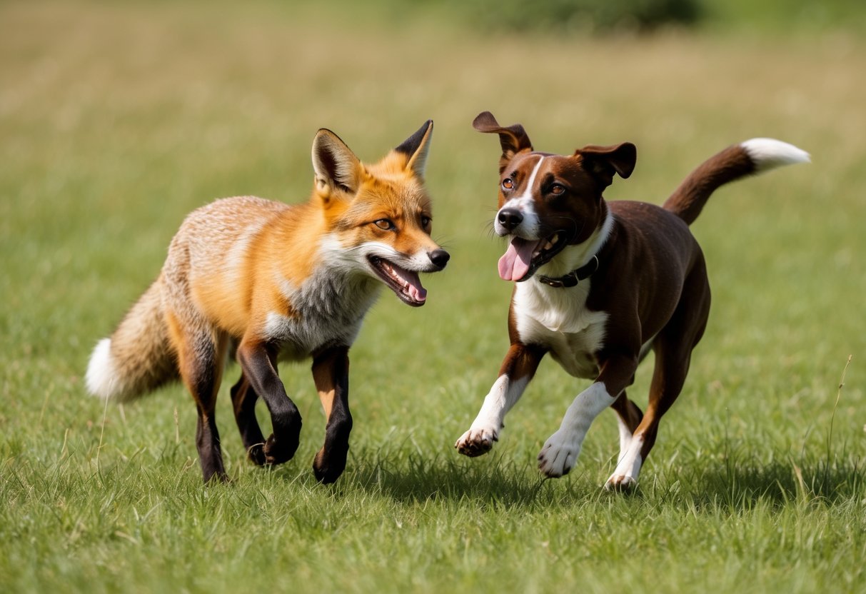 A red fox and a brown dog playfully chase each other through a grassy meadow, their tails wagging and tongues lolling in excitement