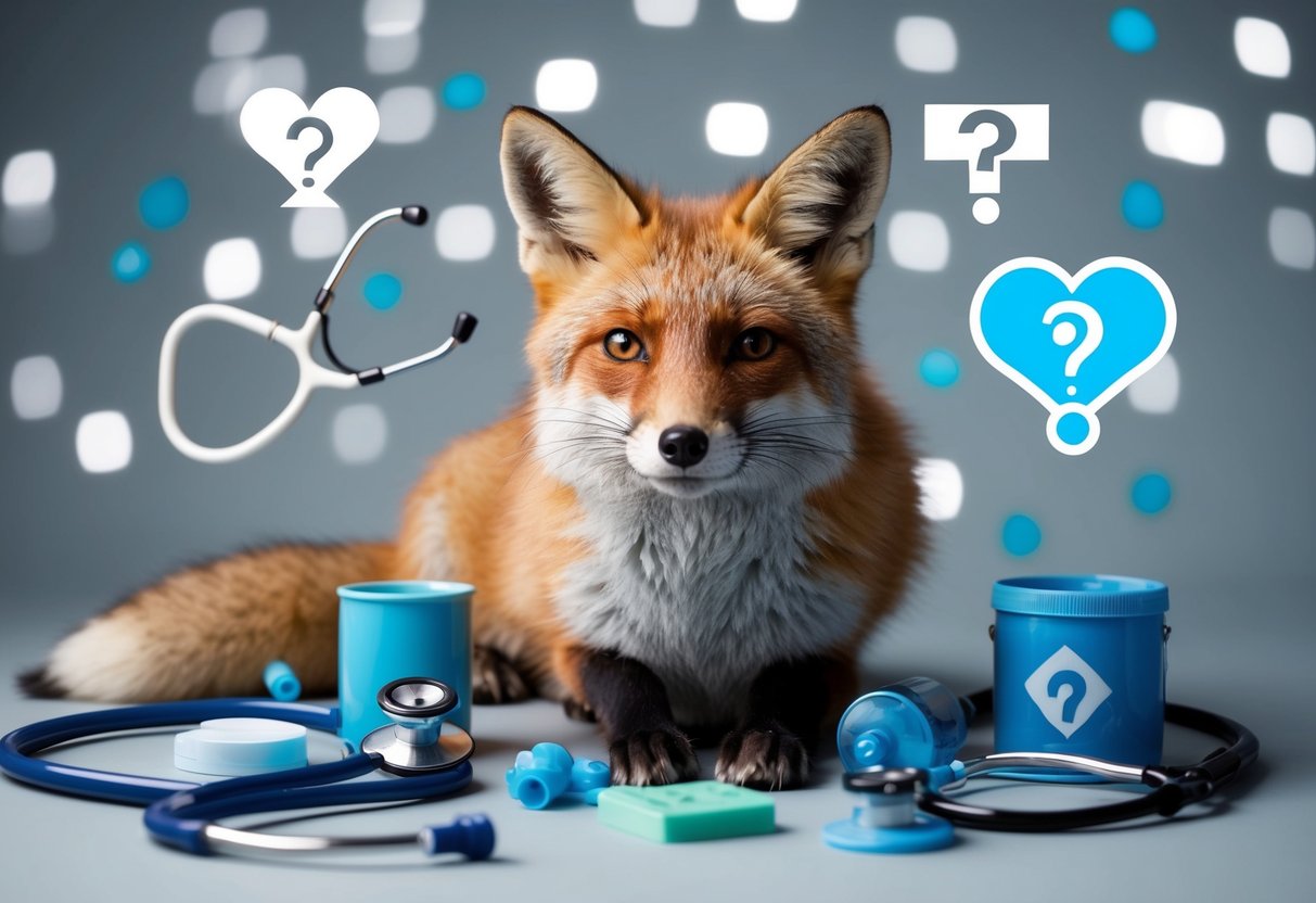 A fox surrounded by various health-related items and symbols, such as a stethoscope, medical cross, and question marks